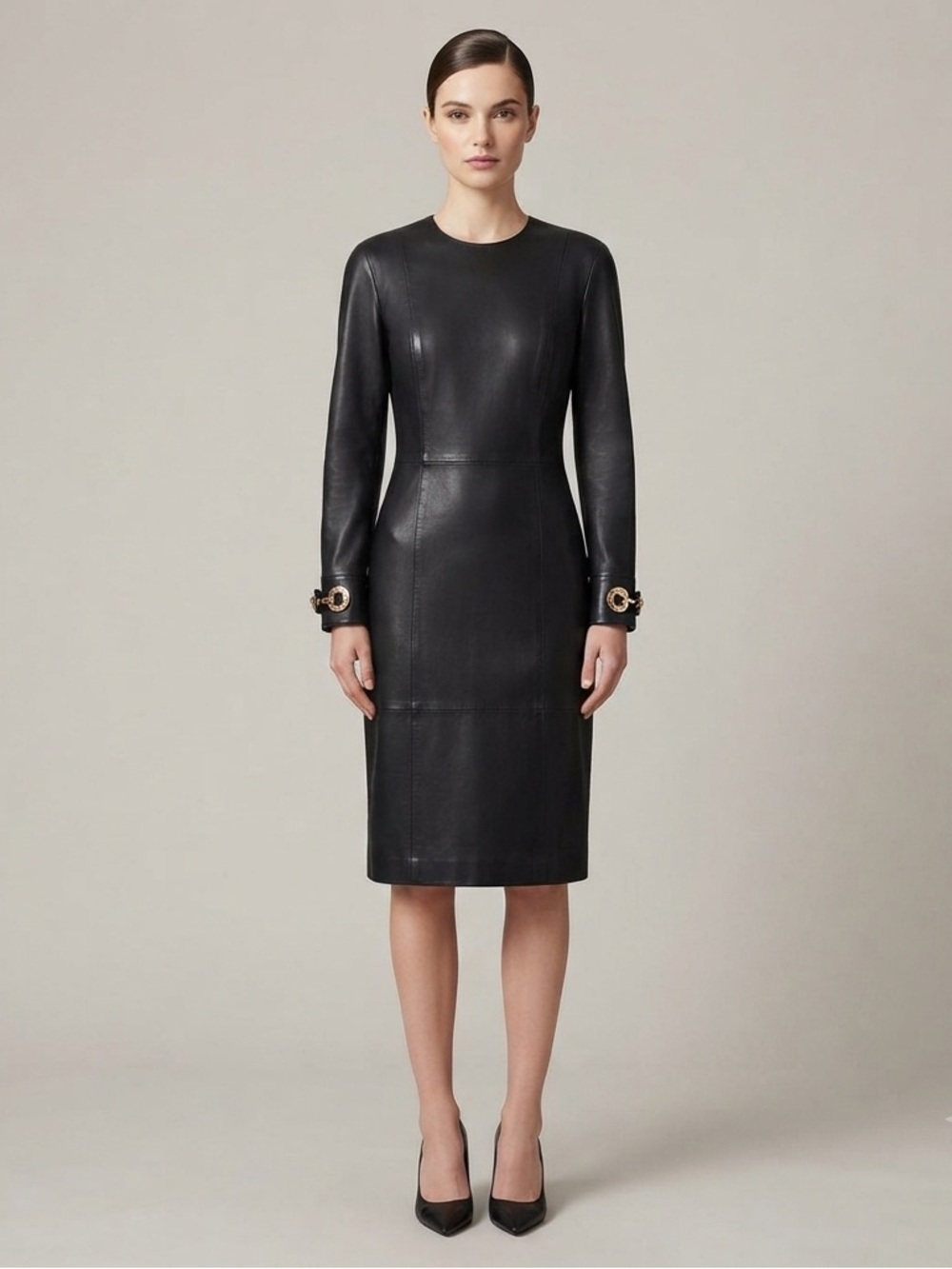 Rare  80s Genny Black Leather Dress Gianni Versace Era Jewel Hardware IT 44 US 8